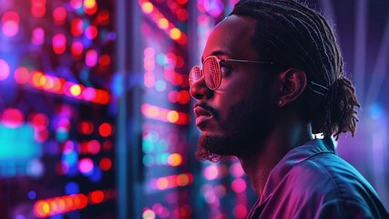 Fototapete - A person stands in front of a colorful array of lights in a data center, wearing sunglasses and focusing intently, reflecting the glow of technology around them.