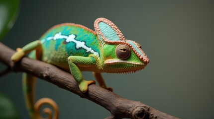 Wall Mural - A close-up shot of a vibrant chameleon perched on a tree branch against a neutral background