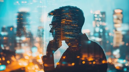 Double Exposure Image of Business Person on modern city background. Future business and communication technology concept. whut generative ai