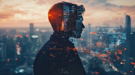 Poster - Double Exposure Image of Business Person on modern city background. Future business and communication technology concept. whut generative ai