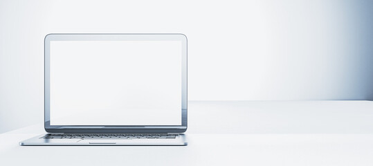 Aufkleber - Laptop with blank screen on a white surface in a minimalistic room. 3D Rendering