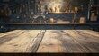 © Johannes - Empty wooden table with blurred background featuring carpenter's tools on the wall, carpenter, tools, wood, table