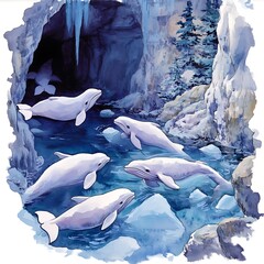 Poster - Watercolor painting of beluga whales swimming in a blue ocean with icy cliffs in the background.