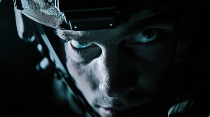 A close-up of a soldier's intense gaze, highlighting focus and determination.