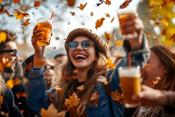 Friends celebrating at an autumn festival with falling leaves and drinks.