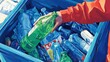 © Johannes - Generative AI illustration of an anonymous person in a red sleeve recycling a green plastic bottle, placing it into a blue bin filled with assorted recyclables