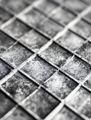 Closeup of black and white textured tiles with rough surface in grid pattern. Grunge and abstract style. Industrial or minimalist design concept. For background, poster