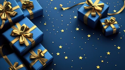 Generative AI illustration of blue gifts with golden bows and ribbons placed on blue background near stars