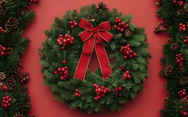 Wall Mural - a photo of A classic holiday wreath made of lush green pine needles, with red berries and a bold red bow