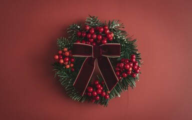 Wall Mural - a photo of A classic holiday wreath made of lush green pine needles, with red berries and a bold red bow