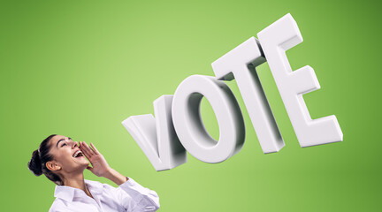 Aufkleber - Bright concept of voting with a woman shouting Vote against a green background.