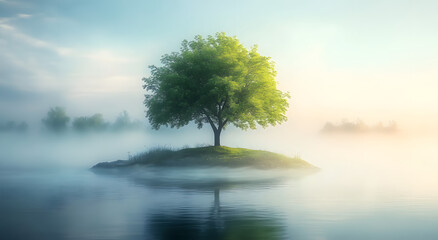 Poster - A solitary green tree stands on a small island surrounded by calm water and mist in a tranquil atmosphere at dawn