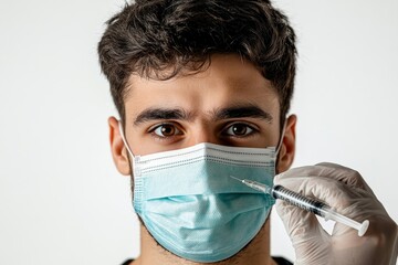 Vaccinated man with a face mask isolated on a white background, Generative AI