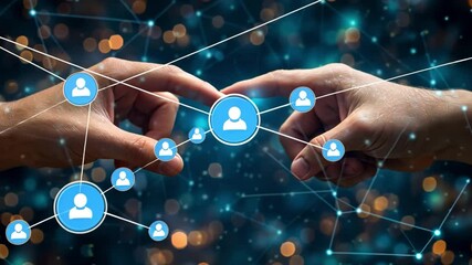 Poster - Two hands reach towards each other, bridging a digital network filled with icons and connections, symbolizing the importance of collaboration and communication in today's tech-driven world.