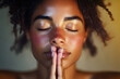 © john - A serene woman with closed eyes in a meditative prayer pose, embracing calm and mindfulness.