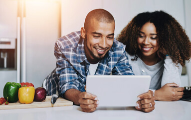 Aufkleber - Couple, tablet and cooking food in kitchen at home with blog, internet website and online connection. Happy African man, woman and digital recipe for reading instruction of healthy vegetarian meal