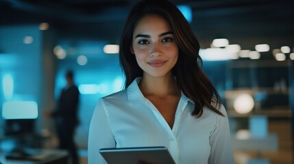 Portrait of young Hispanic professional business woman standing in office. Happy female company executive, smiling businesswoman entrepreneur corporate leader manager looking at camera using tablet