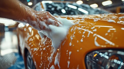 Hand washing a car with soap. Perfect for car detailing and cleaning services.