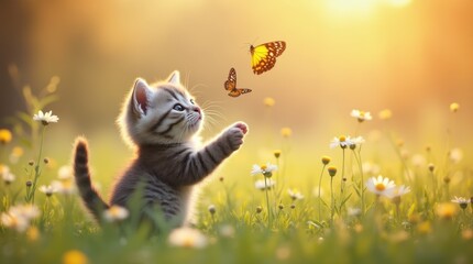 A small wide-eyed kitten with soft gray fur is sitting in a sunny meadow, batting at colorful butterflies dancing around it, filled with playful curiosity and joy.