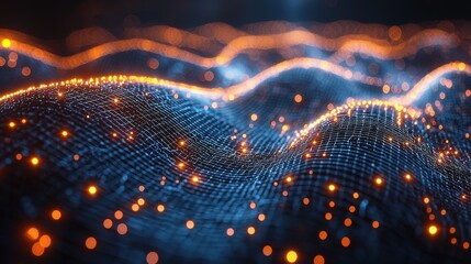 Poster - Abstract representation of digital waves illuminated by vibrant orange and blue particles in a dark environment