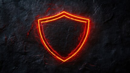 Poster - Red neon shield symbol illuminating a dark, textured background, ideal for security or safety themes.