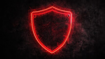 Poster - Red neon shield symbol illuminating a dark, textured background, ideal for security or safety themes.