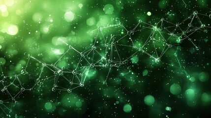 Poster - Abstract representation of a green molecular structure illuminated by light particles in a dark background, creating a sense of depth
