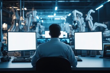 Operator at a control console in an automated factory environment