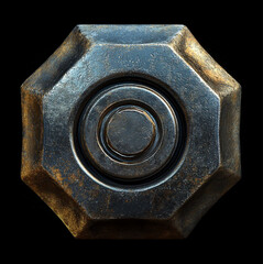 a top-down view of a wheel nut,  lighting, metallic texture