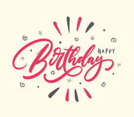 Wall Mural - Happy Birthday card with red hand lettering text, decorated with various design elements. Cute celebration card design.