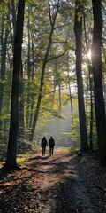 Sticker - Individuals in silhouette enjoying a leisurely stroll through a sunlit forest, the dappled light filtering through the trees