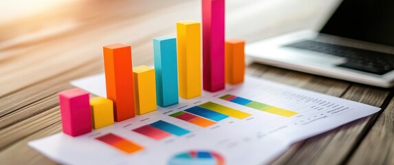 Poster - A colorful bar graph on top of financial documents, representing growth and success in business or psychology. 