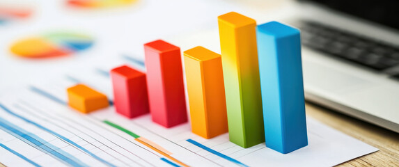 Poster - A colorful bar graph on top of financial documents, representing growth and success in business or psychology. 