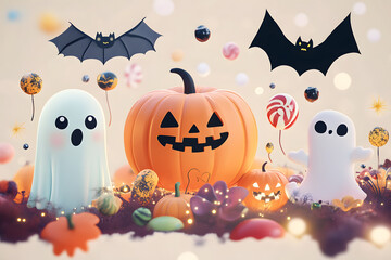 Canvas Print - A whimsical Halloween illustration featuring cute pumpkins, ghosts, bats, and candy. The design includes light-hearted characters perfect for festive decorations.