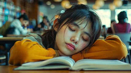 Aufkleber - A young woman rests her head on an open book, peacefully napping in a bustling cafe filled with students, absorbing the warm ambiance and soft lighting.