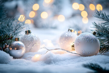 Poster - Christmas white decorations on snow with fir tree branches and christmas lights. Winter Decoration Background