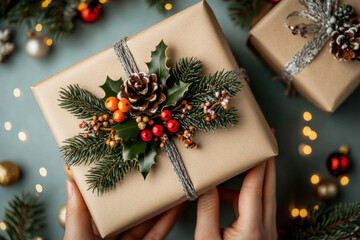 Sticker - A Close-Up Of Hands Passing Wrapped Gifts, Adorned With Colorful Ribbons And Tags, Set Against A Backdrop Of Festive Decorations And Twinkling Lights