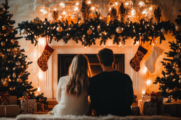 Sticker - A Couple Joyfully Exchanging Gifts In Front Of A Beautifully Adorned Mantle, With Stockings Hung Above The Fireplace And Holiday Decorations Throughout The Cozy Room