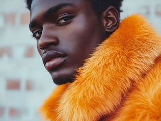 A man in an orange fur coat looking at the camera