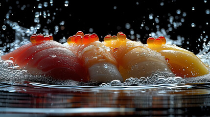 Poster - A fresh sushi, black environment, haute cuisine, Michelin restaurant, close-up view