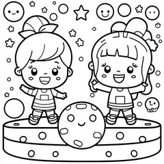 Wall Mural - A fun day at a trampoline park, coloring page for kids, simple outline illustration. Coloring book, simple lines.