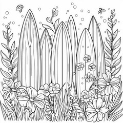 Canvas Print - A fun day at the beach with surfboards, coloring page for kids, simple outline illustration. Coloring book, simple lines.