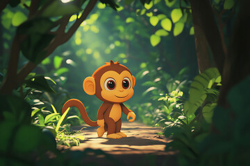 A cute cartoon monkey walking through a lush jungle path filled with greenery.