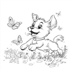 Wall Mural - A playful puppy chasing butterflies, coloring page for kids, simple outline illustration. Coloring book, simple lines.