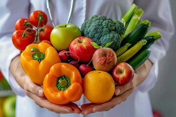 Doctor holding fresh fruit and vegetable