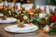 © sharafmaksumov - Charming Wallpaper Featuring A Rustic Dining Setting With A Long Wooden Table, Laid With Christmas-Themed Tableware, Evergreen Garlands, And Twinkling Fairy Lights, Evoking A Sense Of Togetherness