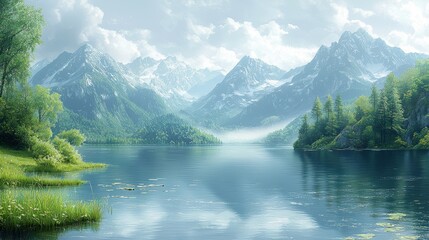 Wall Mural - serene mountain lake surrounded by lush greenery and towering cliffs under a cloudy sky at dawn