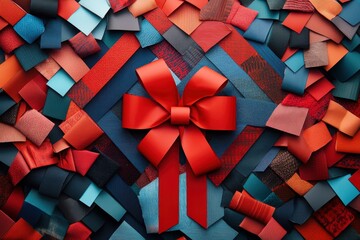 Wall Mural - Colorful arrangement of ribbons forming a large red bow with various patterns in a festive display setting