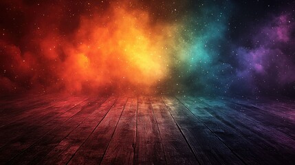 Poster - Colorful smoky background with vibrant hues blending seamlessly over a wooden floor during a dramatic artistic display