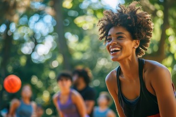 Energetic Young Woman Enjoying Outdoor Basketball Game in Sunlit Park with Friends